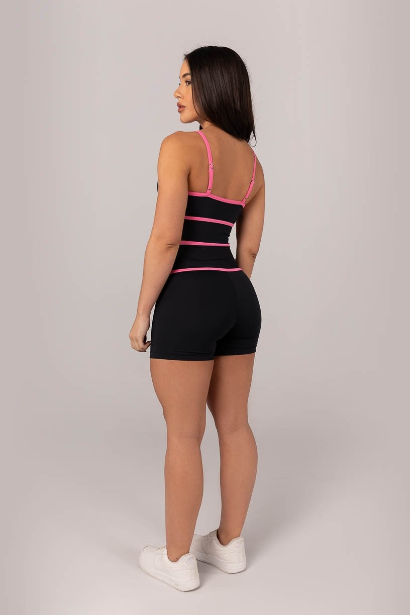 [CONJUNTO]  Top + Short com Cós Transpassado e Chapado (Preto / Rosa Chiclete) | Ref: K4297-A