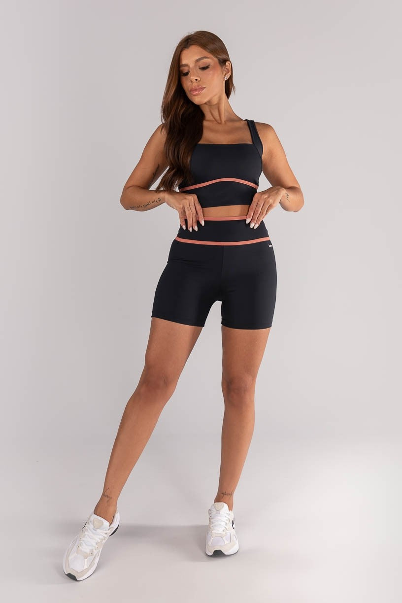 [CONJUNTO] - Short + Top com Alças Largas e Detalhe Em Ponto de Cobertura (Preto / Telha) | Ref: K4624-A