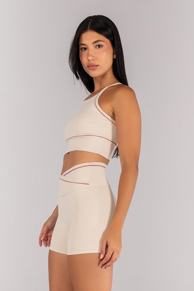 [CONJUNTO] Short + Top Halter com Vivo Contrastante nas Alças (Off-White / Telha) | Ref: K4685-A
