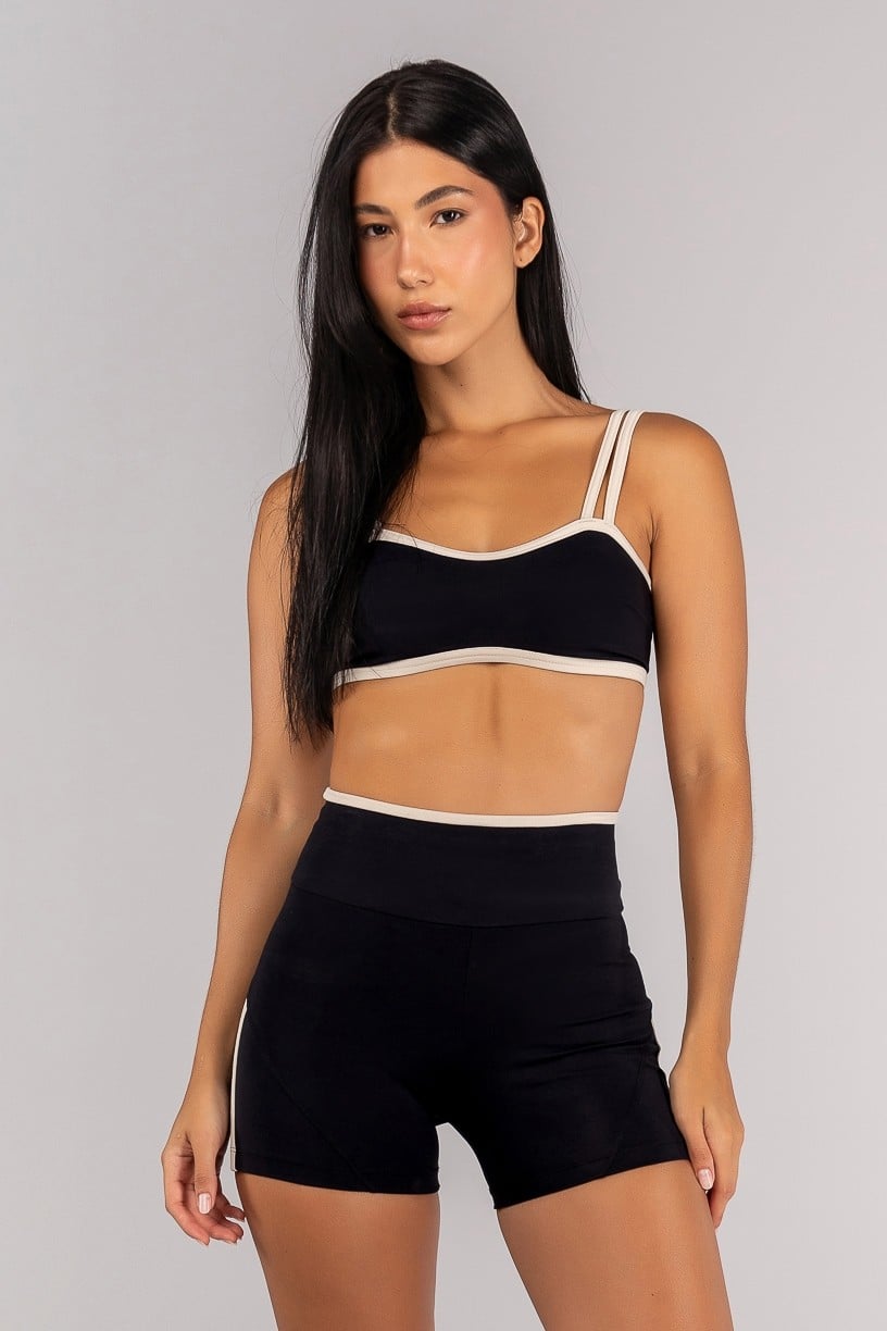 [CONJUNTO] Short + Top com Alças Duplas e Decote Sinuoso (Preto / Off-White) | Ref: K4693-A