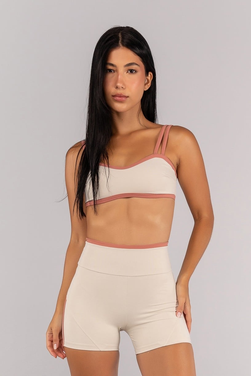 [CONJUNTO] Short + Top com Alças Duplas e Decote Sinuoso (Off-White / Telha) | Ref: K4693-B